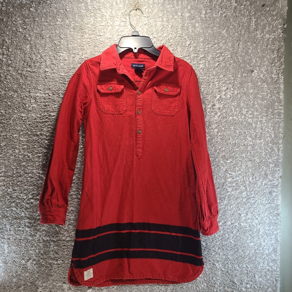 Ralph Lauren Girls Red Denim Shirt Dress Size 12 Cotton Long Sleeve